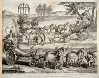 A carruagem de Apolo - Extrato do álbum ""Masque royal"" (Mascara real) - Gravura em cobre de A J De Fehrt (Defehrt) (1723-1774)