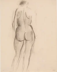 Modelo feminino em pé, visto de costas