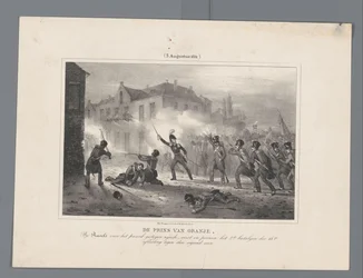 Príncipe de Orange liderando as tropas em Ravels, 1831
O Príncipe de Orange, tendo montado o cavalo em Ravels, lidera pessoalmente o 2º Batalhão da 18ª divisão contra o inimigo / (3 de Agosto de 1831) (título sobre o objecto)
Sete pratos de batalhas o