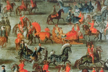 O Passeio de Trenó Imperial, por ocasião do casamento do Imperador José II da Áustria com sua segunda esposa, Maria Josepha von Bayern: detalhe dos trenós