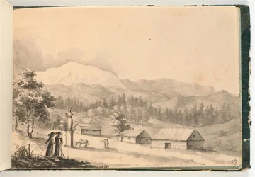Paisagem montanhosa com pessoas e casas
