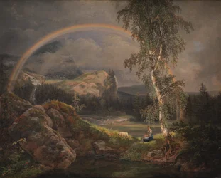 Paisagem norueguesa com arco-íris