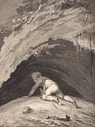 O espancado Niels Klim rasteja para dentro da caverna