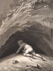 O espancado Niels Klim rasteja para dentro da caverna