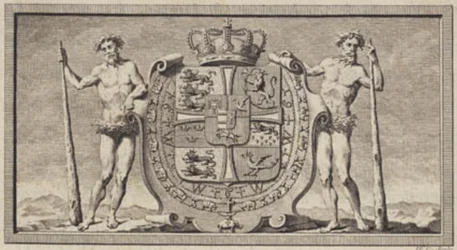 O brasão de armas dinamarquês com os selvagens como portadores de escudo