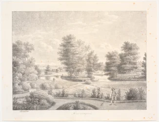Jardim de Sanderumgaard com ilha arborizada. Em primeiro plano, um homem com um ancinho