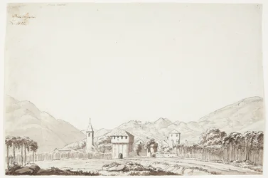 Paisagem de Domodossola na Suíça com igreja e torre de vigia