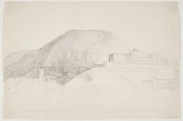 Estudo de paisagem com montanha e edifícios. Spoleto, Itália