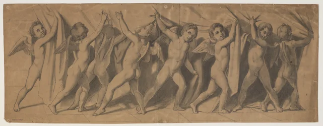 Calado do Kgl. Cortina de teatro; putti que puxa o tapete de lado