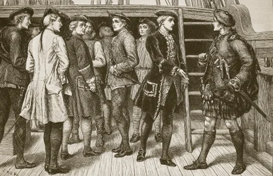 O jovem pretendente e os chefes das terras altas a bordo do &39;Doutelle&39; antes de seu desembarque na Escócia, gravado por Butterworth e Heath