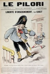 Liberdade de ensino por Gibet: A Guarda - Você pode gritar pai! O Prefeito mandou encher a Escola Laique e... será enchida (Caricatura na Escola Laique), capa do "Le Pilori" de 31 de outubro