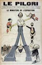 O Ministro da Exposição (cartoon sobre escândalos financeiros no final do século XIX e a Torre Eiffel). Ilustração de J. Blass