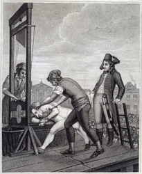 A execução de Maximilien de Robespierre (1758-1794) na guilhotina em 28/07/1794 na Place de la Concorde. Gravura de James Idnarpila segundo J. Beys. Cerca de 1799. Paris, Musée Carnavalet