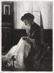 Retrato de perfil de uma mulher a coser