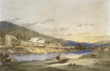 Trefforest Tin Works, Glamorganshire, c.1840 (litografia colorida à mão sobre papel)