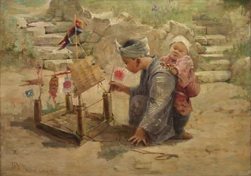Garoto japonês construindo um navio de guerra, 1895.