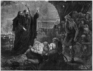Missionários cristãos interrompendo um sacrifício humano, 1878.