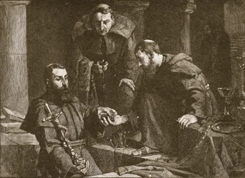 Esconder tesouros durante a supressão de um mosteiro, ilustração de The Church of England: A History for the People, de H. D. M. Spence-Jones, publicado c. 1910