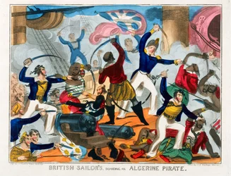 Marinheiros britânicos a bordo de um navio pirata argelino (gravura a cores)