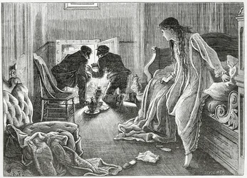 Levantei minha mão com muita suavidade e tirei a adaga de debaixo do travesseiro, ilustração de uma história policial de suspense &39;a história de uma cicatriz&39;, de &39;Appleton&39;s Journal&39;, 23 de março de 1872.