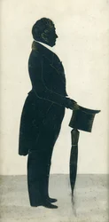 Silueta, de, um, homem, com, um, chapéu superior, casaco frock, e, guarda-chuva