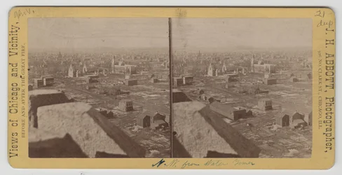 Estereógrafo de vista a noroeste da Torre da Água após o incêndio de Chicago de 1871
