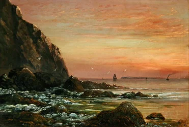 Paisagem marítima com penhasco ao pôr-do-sol