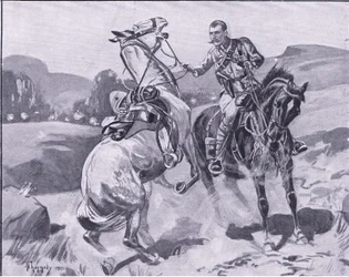 Major, marrom, 14º, hussars, segurando, liet, cavalo browns, sob, fogo pesado, ilustração, de, após, pretória, :, a, guerrilha, guerra, 1902