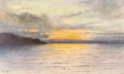 Pôr do sol no lago, JHL (litografia a cores)