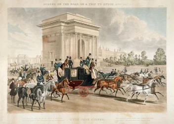 Carruagens puxadas por cavalos ao longo do Hyde Park Corner, Londres, 1838