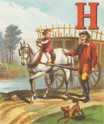 H: H é o Cavalo, tão esbelto e tão forte; Ele puxa a carroça de feno para o prado