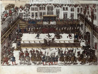 Torneio e morte de Henrique II (30 de junho de 1559): no casamento de sua filha (no atual lugar des vosges) ele lutou contra Gabriel de Montgomery, capitão de sua guarda escocesa, que o feriu com uma lança no olho. Gravura do século XVI por Pe