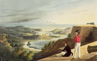 Vista do porto inglês, Antígua do grande forte de George, monte das monges, gravado por T. Fielding, bar. por T. und G. Underwood, 1827