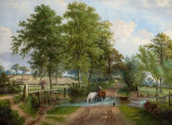 Cena rural com cavalos no córrego, década de 1870.