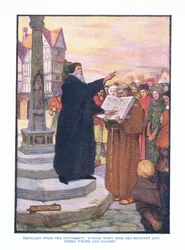 Expulso da universidade, Wyclif foi para o país e lá escreveu e ensinou, da publicação inglesa Literature pub.by TC & EC Jack, c.1920