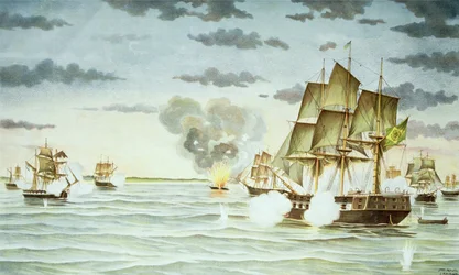 A Batalha de Quilmes durante a Guerra Cisplatina (1825-28) entre o Uruguai e o Brasil (gravura)