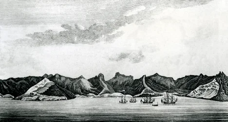 Vista da Baía de Cumberland na ilha de Juan Fernandes, c.1745 (gravura)