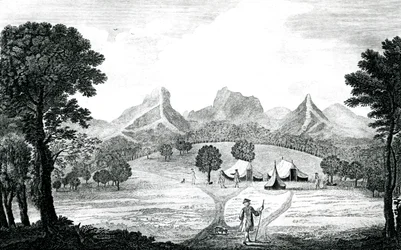 Uma vista da tenda Commodore na ilha de Juan Fernandes, c.1745 (gravura)