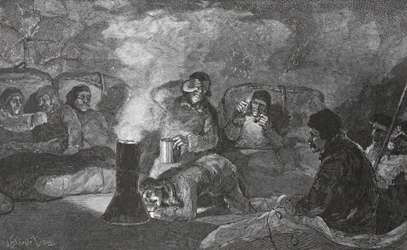 Interior de nossa cabana de inverno em Camp Clay, durante o cozimento, 1883 pub. Londres 1886