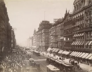 Vista, de, rua estatal, olhar, norte, de, rua madison, chicago, 1890