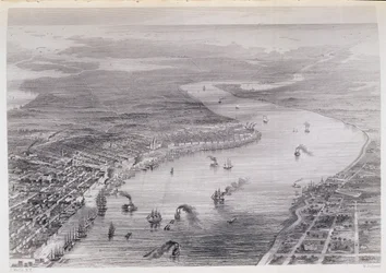 Visão panorâmica de Nova Orleans, de "A História dos Estados Unidos", vol. II, de Charles Mackay, gravado por W. Ridgeway, c.1830