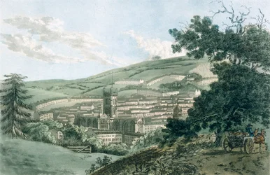 Bath, da estrada privada que leva ao Prior Park, de "Um Guia Pitoresco para Bath, Bristol Hot-Wells, o Rio Avon e o País Adjacente", publicado em 1793 (cor aquatint)