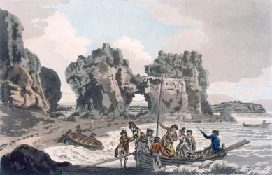 Vista da Castle Rock, do local de desembarque no Flat Holmes, de um guia pitoresco para Bath, Bristol Hot-Wells, o rio Avon e o país adjacente, publicado em 1793 (color aquatint)