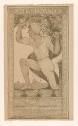 Homem com banner e ramo de flor A Escritura (título no objeto)
