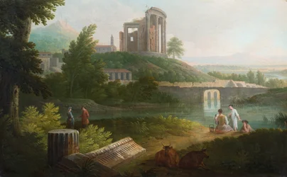 Uma paisagem pastoral italiana com ruínas clássicas numa falésia sobre um lago (óleo sobre tela)