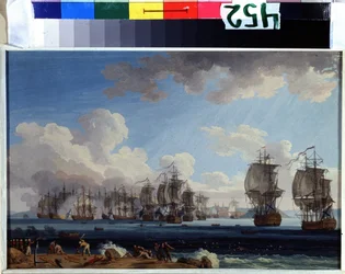 ""A Batalha de Chesma em 05/07/1770"" (A Batalha naval de Chesma em 5 de julho de 1770) Opôs as frotas da Rússia de Catarina II e do Império Otomano a Quios na Grécia (Revolução de Orloff ou Expedição do Império Otomano). irmãos Orloff). pintura em guache