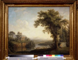 ""Paisagem antiga com o túmulo do Phaethon"" (Paisagem antiga com o túmulo do Phaethon) Clymene chorando no túmulo de seu filho. Pintura de Jacob Philipp Hackert disse Hackert da Itália (1737-1807) 1785 Dim. 65.5x89 cm Museu Pushkin, Moscou