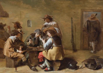 O interior de uma sala de guarda com cavaleiros a jogar às cartas (óleo sobre painel)