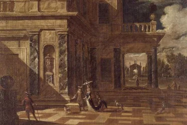 Capricho arquitectónico com figuras elegantes