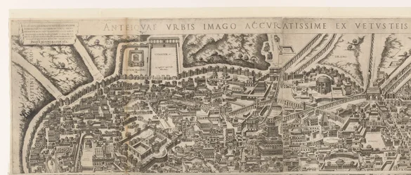 Mapa de Roma na época do Imperador Augusto (folha superior)
Anteiquae urbis imago accuratissime ex vetusteis monumenteis formata (título sobre o objecto)
Effigies antiquae Romae ex vestigiis aedificiorum ruinis (título sobre o objecto)